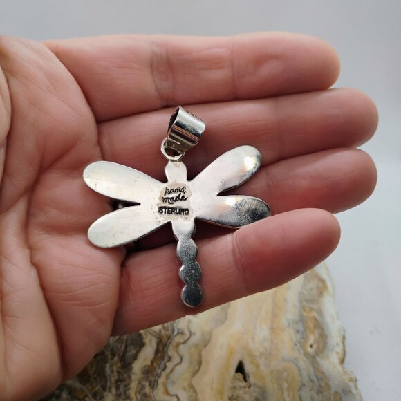 Southwest Sterling Silver Pink Conch Shell Dragonfly Pendant 2" Long - Picture 4 of 7